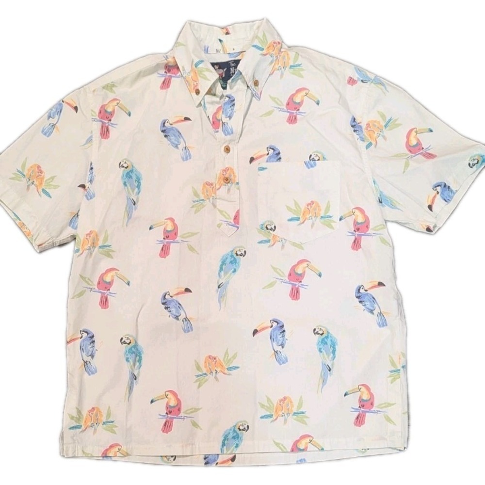 The Nutter Chubbies Mens M Shirt White Parrot Print Pull Over Short Sleeve Beach